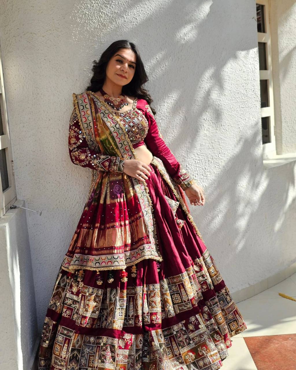 Traditional Maroon Lehenga with Rich Embroidery and Printed Border Lehenga Choli