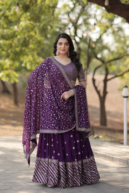 Purple Faux Blooming Embroidered Lehenga Choli Set