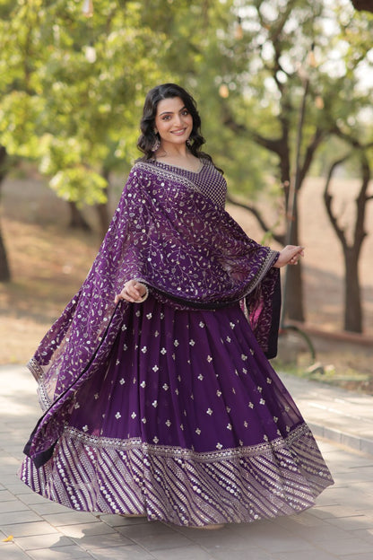 Purple Faux Blooming Embroidered Lehenga Choli Set