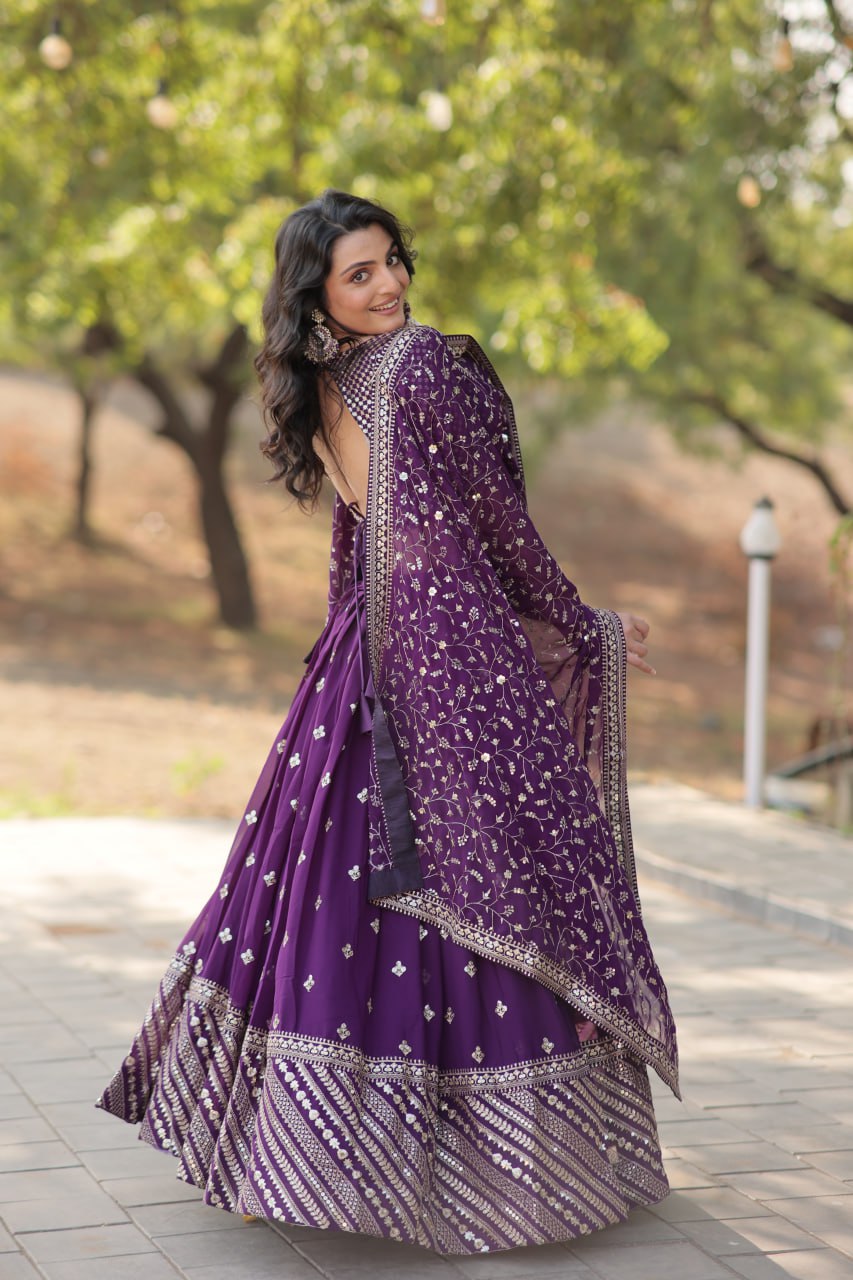 Purple Faux Blooming Embroidered Lehenga Choli Set