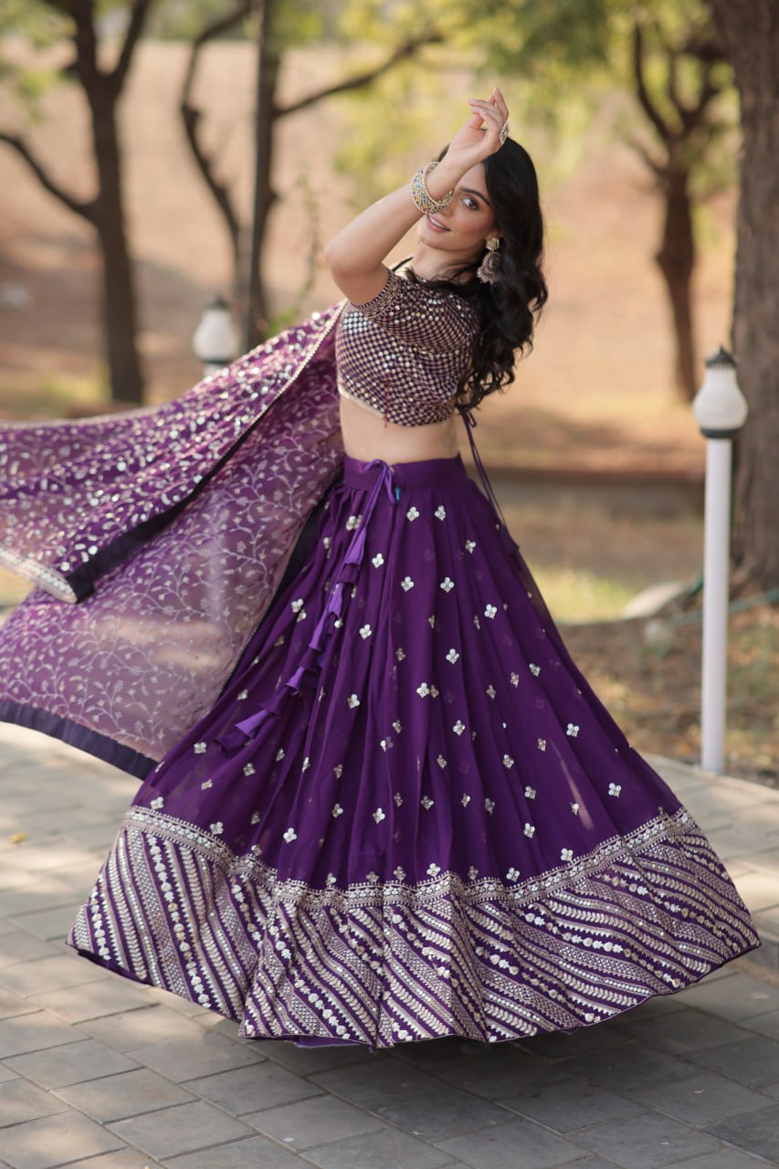 Purple Faux Blooming Embroidered Lehenga Choli Set