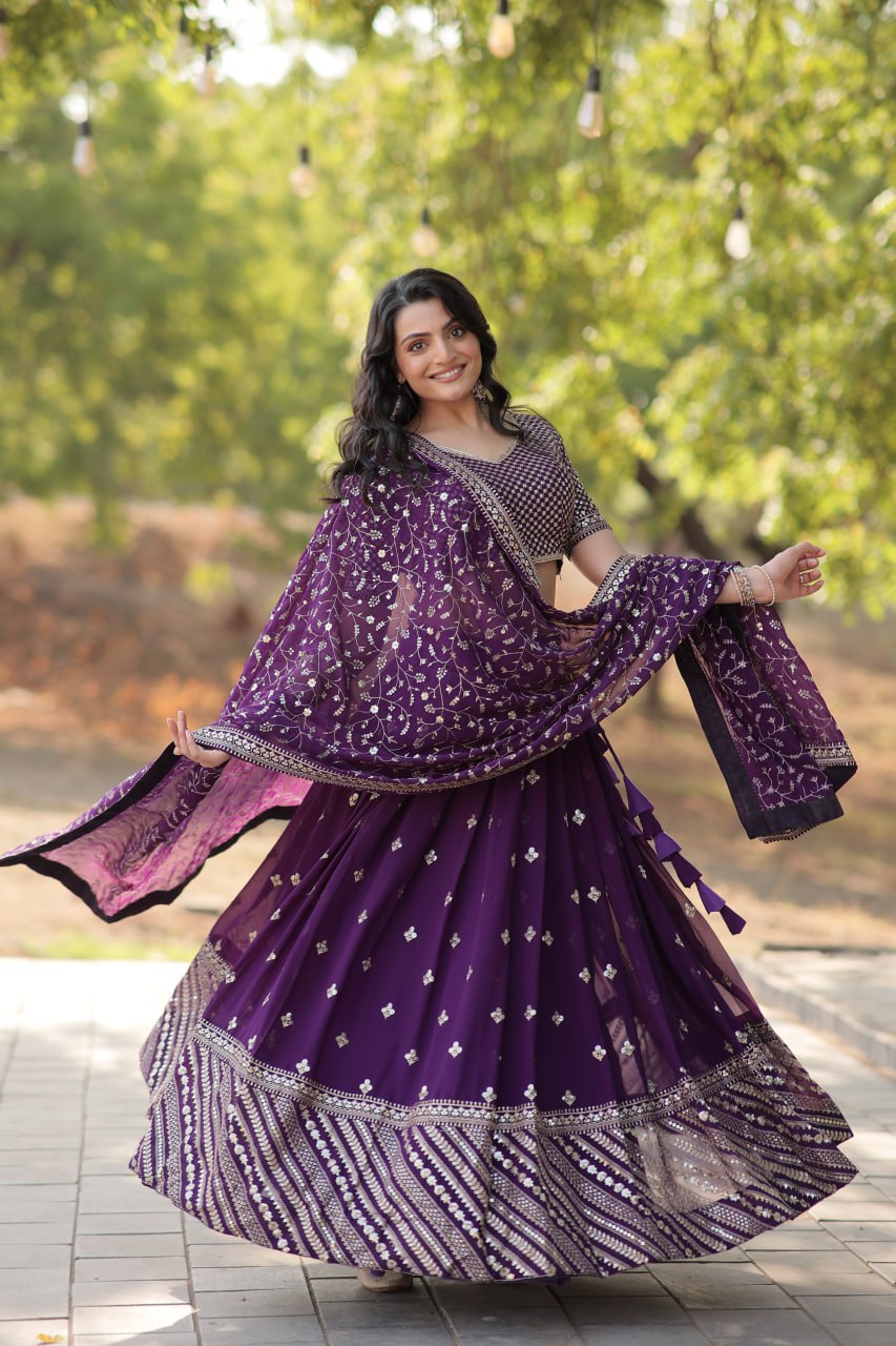 Purple Faux Blooming Embroidered Lehenga Choli Set