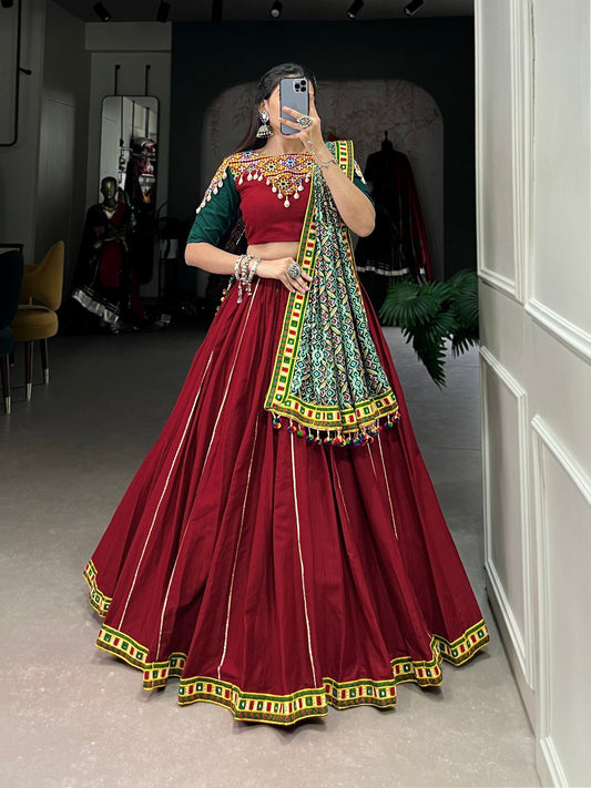 Maroon color Plain With Original Mirror Gamthi Work Lace Border And Gota Patti Touch Up lehnga choli